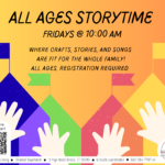 Orange flyer with colorful houses with flags and children's hands reaching up in front of them.
