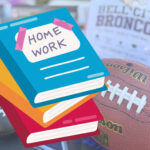 A stack of homework books with a Cell City Broncos background