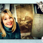 A photo of the presenter with old photographs and an angel graphic.