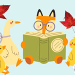 A fox reading a book to a goose and chicks.