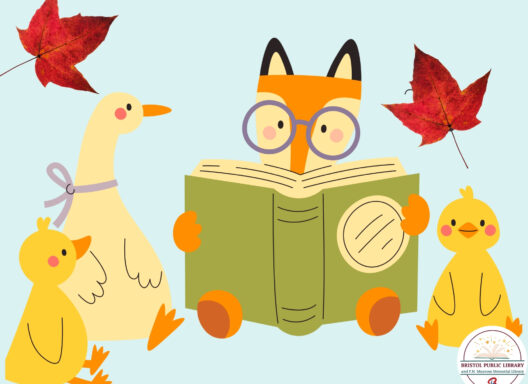 A fox reading a book to a goose and chicks.