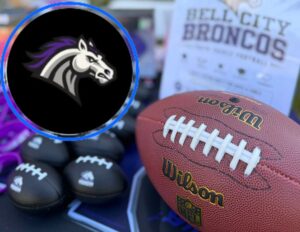 A photo of a football and the Bell City Broncos logo.