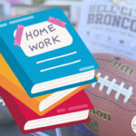 A stack of homework books with a Cell City Broncos background