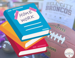A stack of homework books with a Cell City Broncos background