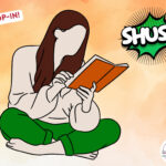 A person reading a book with a "SHUSH" sign.