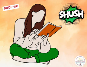 A person reading a book with a "SHUSH" sign.