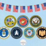 American Flag banner with the emblems from the seven branches of service.