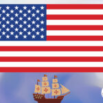 The Flag of the United States of America on a background of clouds with a tall ship and the library logo.