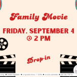 Flyer with movie clappers at bottom of red text.