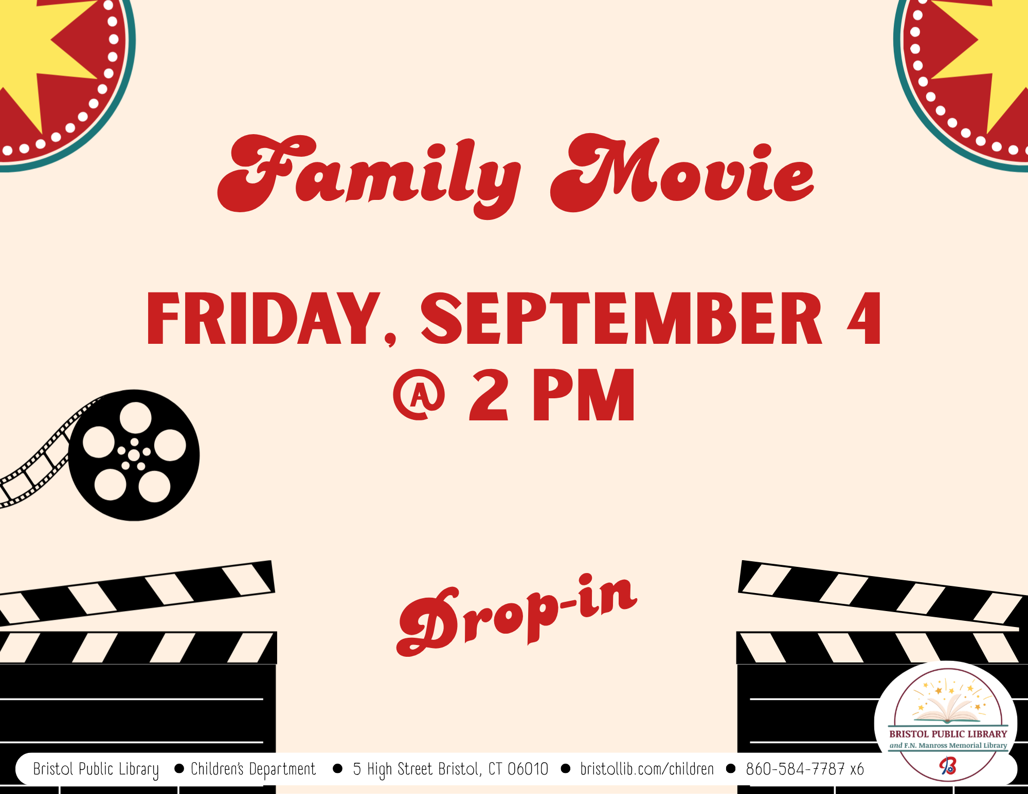 Flyer with movie clappers at bottom of red text.