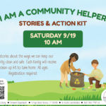 Two children pick up trash on grass under green and brown text.