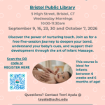 Pink flyer with blue text and smiling infant at bottom.