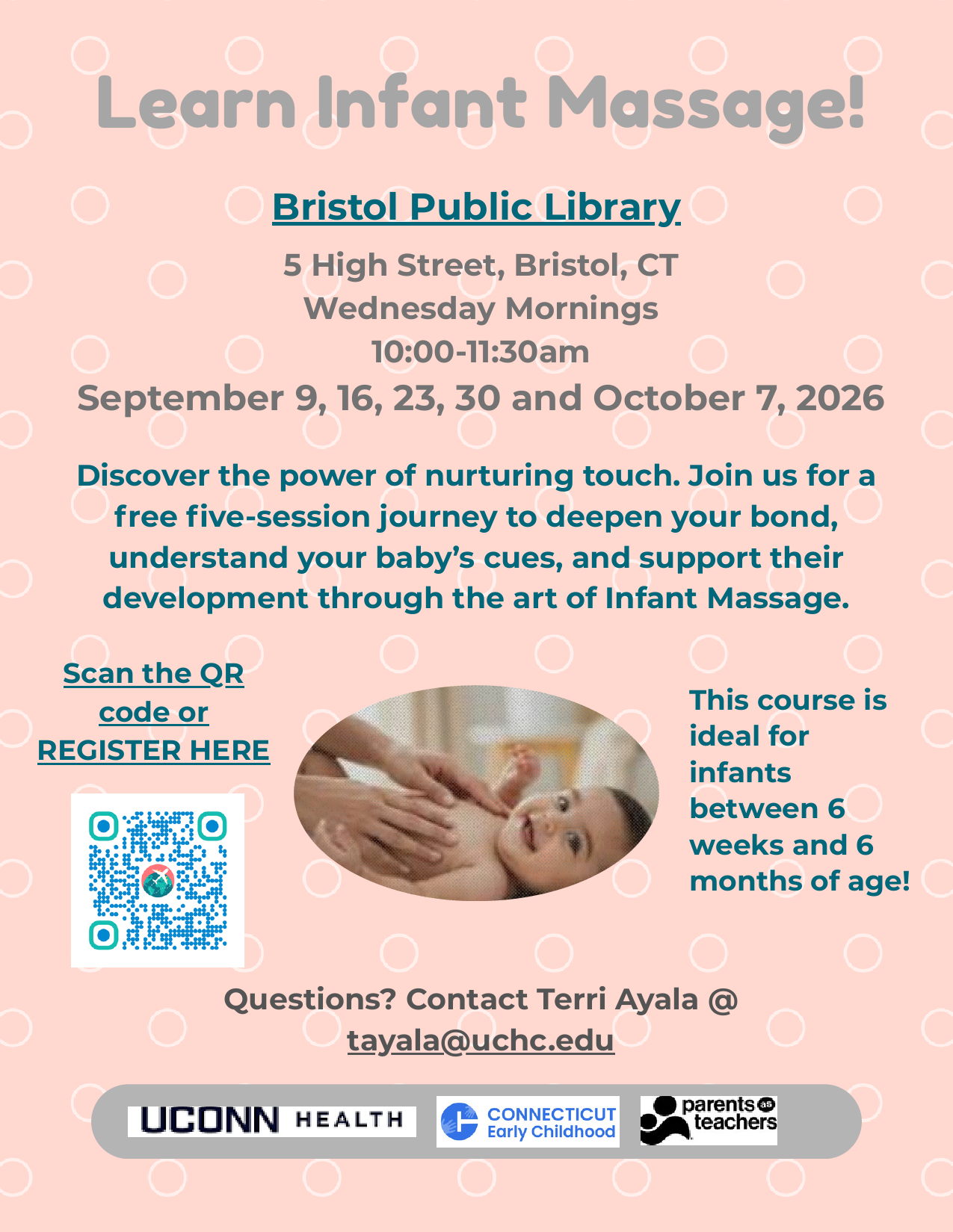 Pink flyer with blue text and smiling infant at bottom.