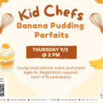 Light yellow flyer with brown text and images of bananas and pudding dessert at sides.