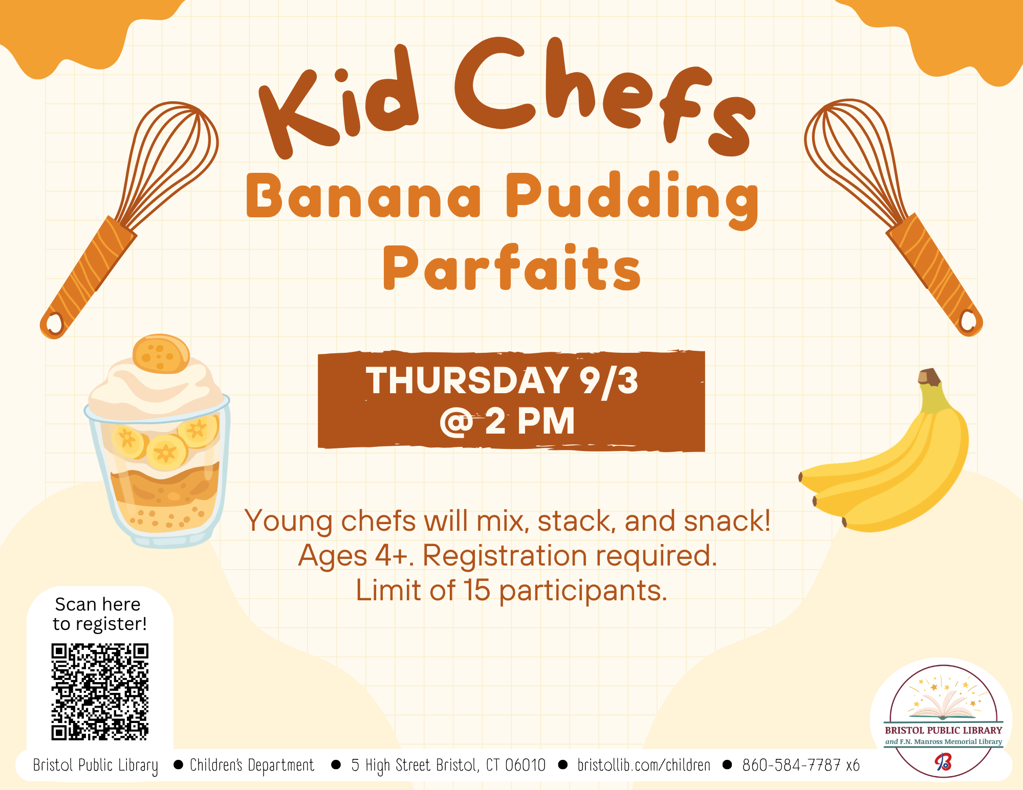 Light yellow flyer with brown text and  images of bananas and pudding dessert at sides.