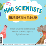 Blue flyer with blue and brown text surrounded by various science images.