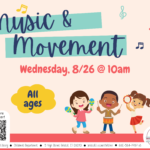 Pink flyer with blue text and three children dancing with instruments at bottom.