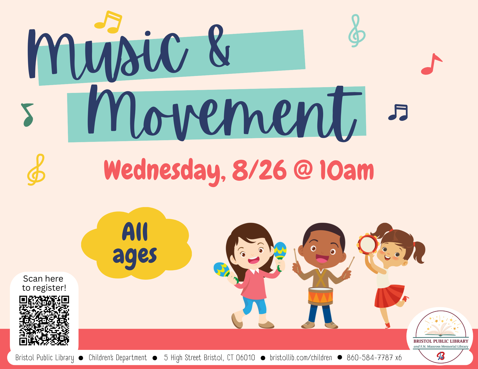 Pink flyer with blue text and three children dancing with instruments at bottom.