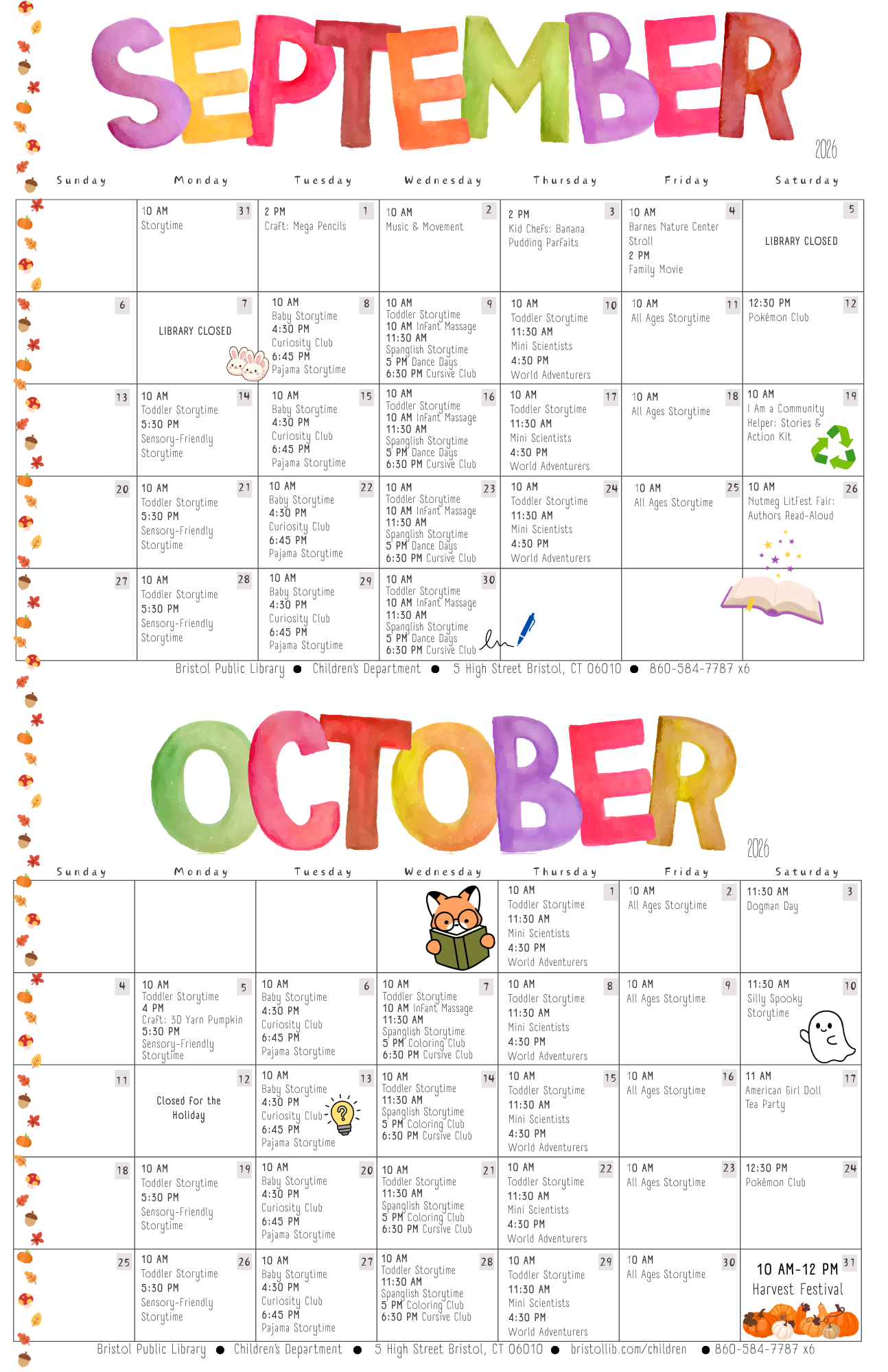Long two-month calendar with colorful words September and October at top.