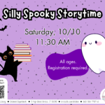 Purple flyer with smiling ghost at right and black cat balancing books at left.