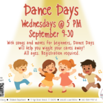 Four children dance on white background under red text.