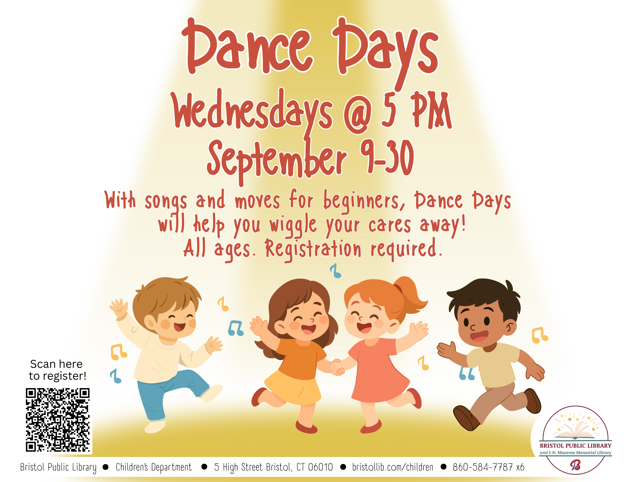 Four children dance on white background under red text.
