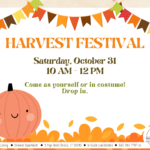 Smiling pumpkin and leaves at bottom of green and orange text.