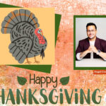 A turkey, presenter Angel Crespo, and a Happy Thanksgiving blurb.