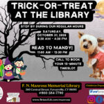 A flyer describing trick-or-treat event at the library, along with a photo of Mandy, the therapy dog.