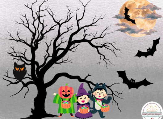 A Halloween scene with a tree, owl, bats, trick-or-treaters, and a full moon