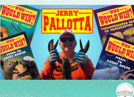 A photo of the author, a lobster, and his books.
