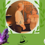 Two women talking and a purple amethyst