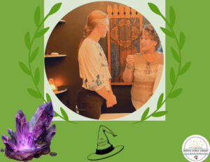Two women talking and a purple amethyst