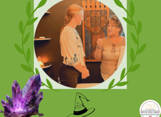 Two women talking and a purple amethyst