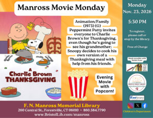 A flyer of the movie showing Charlie Brown and Snoopy around a Thanksgiving table.