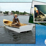 Historian & knitter Rebecca Bayreuther Donohue in a rowboat, along with a knitting project.