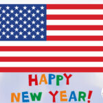 An American flag and a Happy New Year sign
