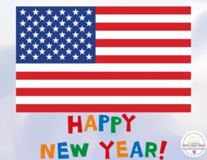 An American flag and a Happy New Year sign