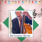 Bassist Jim Scianna with his bass, along with music notes and Christmas lights.