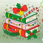 A stack of holiday books with candy and cookies.