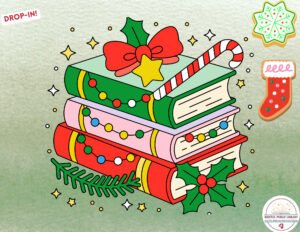A stack of holiday books with candy and cookies.