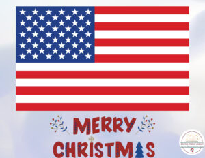 An American flag and a Merry Christmas sign.